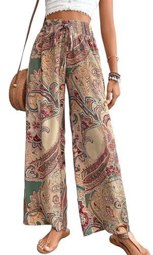 YUTILA Damen Weite Hosen Sommer Boho Strandhose Leichte und Luftige High Waist Freizeithose Casual, Lockere,Muster,Boho,Strandhose mit Kordelzug und Taschen von YUTILA
