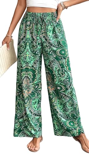 YUTILA Damen Weite Hosen Sommer Boho Strandhose Leichte und Luftige High Waist Freizeithose Casual, Lockere,Muster,Boho,Strandhose mit Kordelzug und Taschen von YUTILA