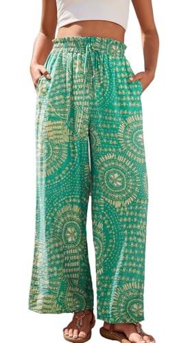 YUTILA Damen Weite Hosen Sommer Boho Strandhose Leichte und Luftige High Waist Freizeithose Casual, Lockere,Muster,Boho,Strandhose mit Kordelzug und Taschen von YUTILA