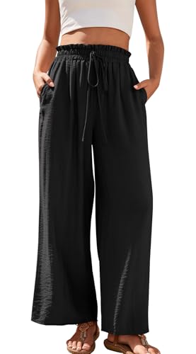 YUTILA Damen Weite Hosen Sommer Boho Strandhose Leichte und Luftige High Waist Freizeithose Casual, Lockere,Muster,Boho,Strandhose mit Kordelzug und Taschen von YUTILA