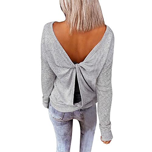 YUTILA Damen Winter Frühling Sexy Casual V-Ausschnitt Pullover Loose Rückenfrei Fledermaus Batwing Rücken Kreuz Lange Ärmel Sweater Stricken Pullover von YUTILA