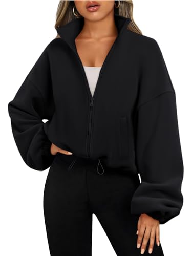 YUTILA Damen Zip-Up Sweatjacke – Langarm Einfarbig Oversize Leicht Sweatshirt Cropped Hoodie Frühling Sommer– Bequeme Übergangsjacke für Sport & Alltag von YUTILA