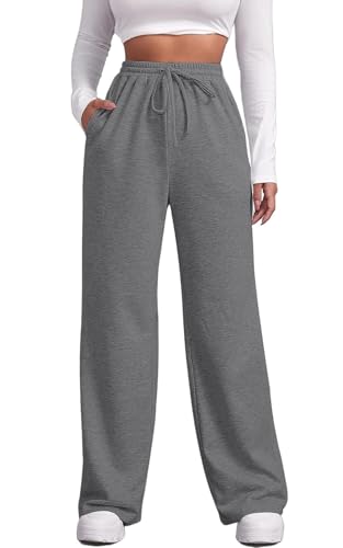 YUTILA Jogginghose Damen Weite Lang Baggy Sweathose Hohe Taille Kordelzug Freizeithosen mit Taschen von YUTILA