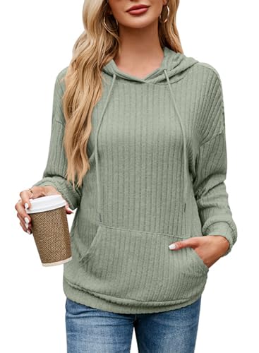 YUTILA Kapuzenpullover Damen Hoodie Langarm Einfarbig Lässig Pullover Lockeres Sweatshirt Oberteile mit Taschen Kordelzug von YUTILA