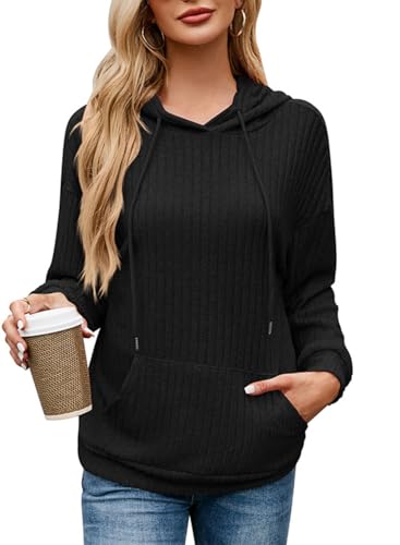 YUTILA Kapuzenpullover Damen Hoodie Langarm Einfarbig Lässig Pullover Lockeres Sweatshirt Oberteile mit Taschen Kordelzug von YUTILA