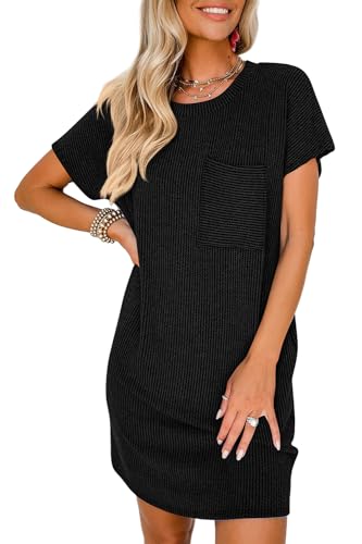 YUTILA Sommer Kurzarm Shirtkleider Rundals Mini Lockere Rib Knit Bequeme Sommerkleid Strandkleid Freizeitkleider mit Brusttasche YUTILA Sommer Kurzarm Shirtkleider Rundals Mini Lockere Rib Knit Bequeme Sommerkleid Strandkleid Freizeitkleider mit Brusttasche von YUTILA