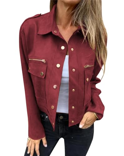 YUTILA Übergangsjacke Damen Kurz Jacke Lederjacke Faux Wildleder Kunstlederjacke Casua Blouson Leichte Frühlingsjacke Herbstjacke von YUTILA