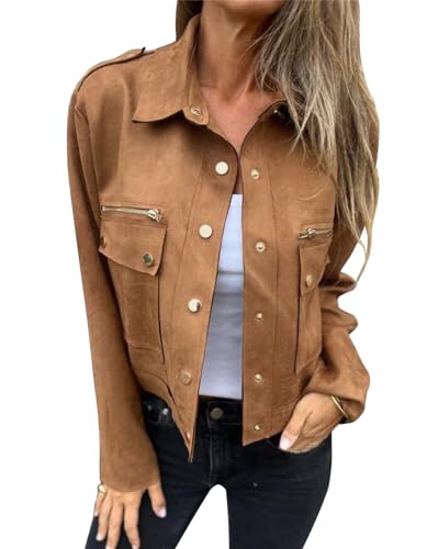 YUTILA Übergangsjacke Damen Kurz Jacke Lederjacke Faux Wildleder Kunstlederjacke Casua Blouson Leichte Frühlingsjacke Herbstjacke von YUTILA