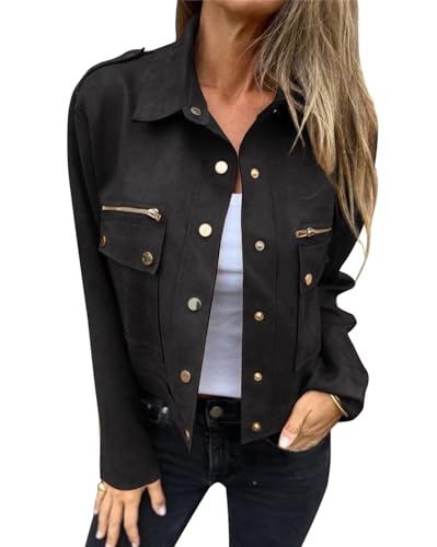 YUTILA Übergangsjacke Damen Kurz Jacke Lederjacke Faux Wildleder Kunstlederjacke Casua Blouson Leichte Frühlingsjacke Herbstjacke von YUTILA