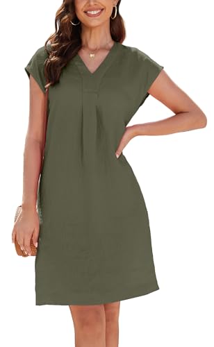 YUTILA Leinen Kleid Damen Sommer V-Ausschnitt 100% leinen leichte A-Linie Kleid mit Seitentaschen von YUTILA