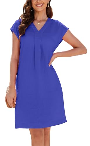 YUTILA Leinen Kleid Damen Sommer V-Ausschnitt 100% leinen leichte A-Linie Kleid mit Seitentaschen von YUTILA