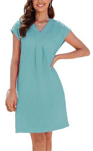 YUTILA Leinen Kleid Damen Sommer V-Ausschnitt 100% leinen leichte A-Linie Kleid mit Seitentaschen von YUTILA