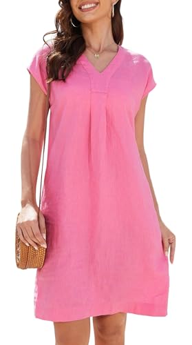YUTILA Leinen Kleid Damen Sommer V-Ausschnitt 100% leinen leichte A-Linie Kleid mit Seitentaschen von YUTILA