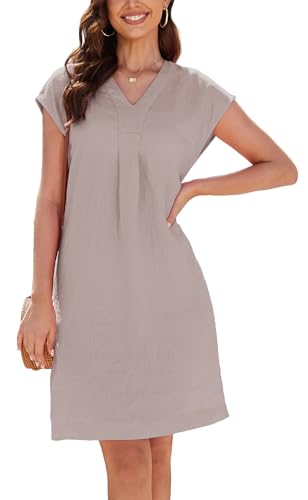 YUTILA Leinen Kleid Damen Sommer V-Ausschnitt 100% leinen leichte A-Linie Kleid mit Seitentaschen von YUTILA