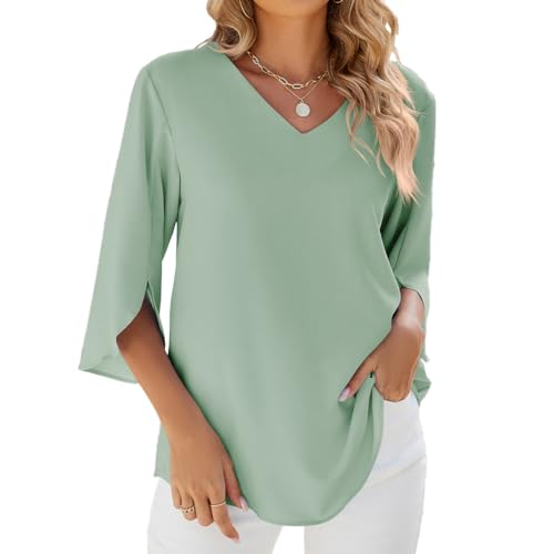 YUTILA Bluse Damen Elegant Tunika Chiffon Damenblusen Oberteil Einfarbig Frühling 3/4 Arm Oberteile Blusenshirt von YUTILA
