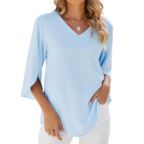 YUTILA Longbluse Damen 3/4 Ärmel Bluse Damen V-Ausschnitt Tunika Elegant Langarm Blusen Festliche Oberteile Casual Langarmshirt Lässig Hemdbluse Damen Tops Longshirt, S-XXL von YUTILA
