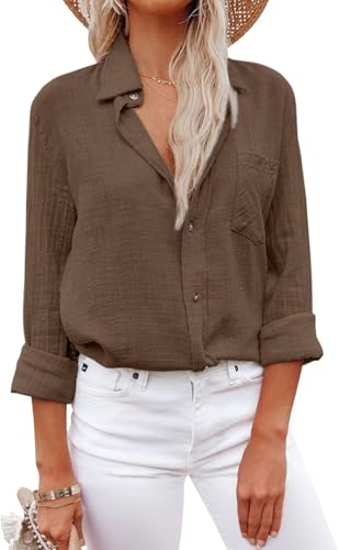 Musselin Bluse Damen Lässiges Langarm Hemdbluse Viscose und Leinen Blusen & Tuniken Oberteile mit Tasche von YUTILA