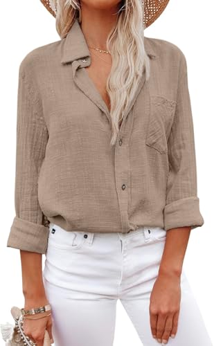 YUTILA Musselin Bluse Damen Lässiges Langarm Hemdbluse Viscose und Leinen Blusen & Tuniken Oberteile mit Tasche von YUTILA
