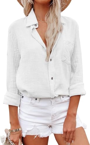 YUTILA Musselin Bluse Damen Lässiges Langarm Hemdbluse Viscose und Leinen Blusen & Tuniken Oberteile mit Tasche von YUTILA