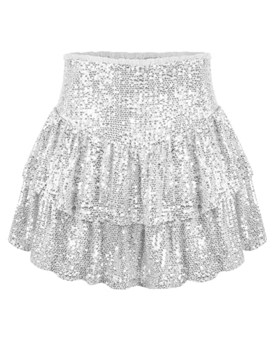 YUTILA Pailettenrock für Damen Glitzer Rock Mini Latein Metallic Rock mit Shorts Mädchen Glocken Rock Karneval Bauchtanz Rave Kostüm von YUTILA