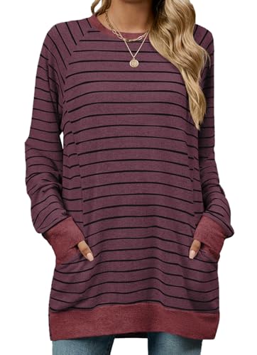YUTILA Damen Sweatshirt Pullover Gestreiftes Rundhalsausschnitt Longshirt Langarmshirt Lässige mit Tasche für Frühling Übergangszeit von YUTILA