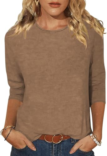 YUTILA Shirt Damen 3/4 Ärmel Tshirt Basic Rundhals Baumwolle Casual Einfarbig Oberteile Leichte Freizeit von YUTILA