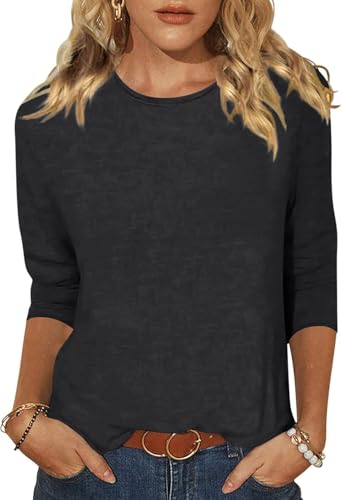 YUTILA Shirt Damen 3/4 Ärmel Tshirt Basic Rundhals Baumwolle Casual Einfarbig Oberteile Leichte Freizeit von YUTILA