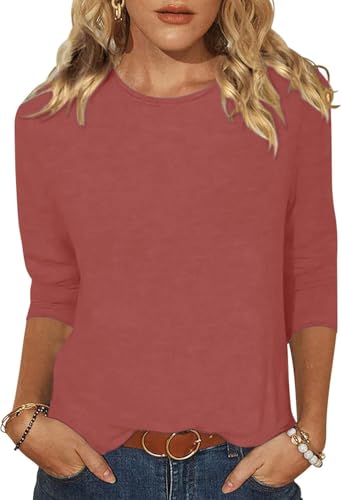 YUTILA Shirt Damen 3/4 Ärmel Tshirt Basic Rundhals Baumwolle Casual Einfarbig Oberteile Leichte Freizeit von YUTILA
