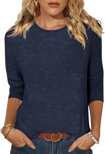 YUTILA Shirt Damen 3/4 Ärmel Tshirt Basic Rundhals Baumwolle Casual Einfarbig Oberteile Leichte Freizeit von YUTILA