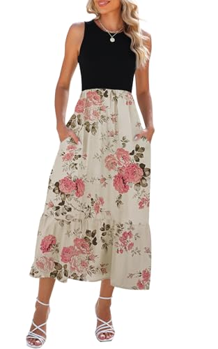 YUTILA Sommerkleid Damen Lang Ärmelloses Maxikleid Sommer Gestreifte Strandkleid Lange Rundhals Tank Top Kleider mit Taschen Elegante von YUTILA