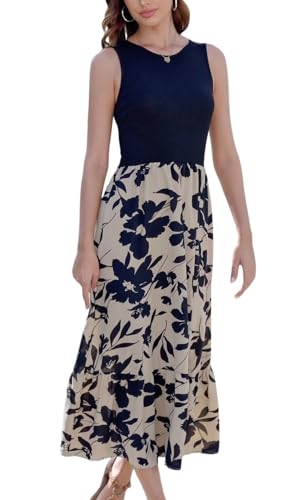 YUTILA Sommerkleid Damen Lang Ärmelloses Maxikleid Sommer Gestreifte Strandkleid Lange Rundhals Tank Top Kleider mit Taschen Elegante von YUTILA