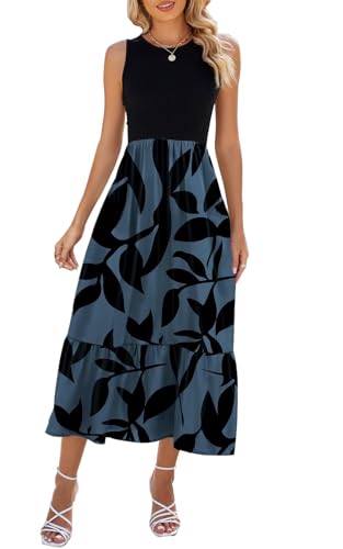 YUTILA Sommerkleid Damen Lang Ärmelloses Maxikleid Sommer Gestreifte Strandkleid Lange Rundhals Tank Top Kleider mit Taschen Elegante von YUTILA