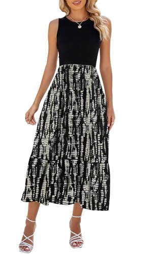 YUTILA Sommerkleid Damen Lang Ärmelloses Maxikleid Sommer Gestreifte Strandkleid Lange Rundhals Tank Top Kleider mit Taschen Elegante von YUTILA