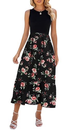 YUTILA Sommerkleid Damen Lang Ärmelloses Maxikleid Sommer Gestreifte Strandkleid Lange Rundhals Tank Top Kleider mit Taschen Elegante von YUTILA