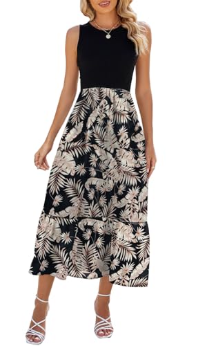 YUTILA Sommerkleid Damen Lang Ärmelloses Maxikleid Sommer Gestreifte Strandkleid Lange Rundhals Tank Top Kleider mit Taschen Elegante von YUTILA