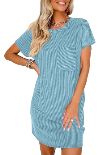 YUTILA Sommer Kurzarm Shirtkleider Rundals Mini Lockere Rib Knit Bequeme Sommerkleid Strandkleid Freizeitkleider mit Brusttasche von YUTILA