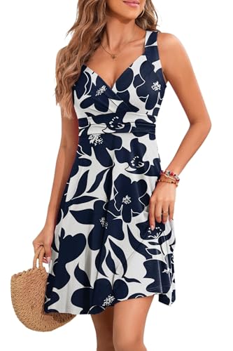 YUTILA Sommerkleid Damen V-Ausschnitt Ärmelloses Kleider Midi Blumenmuster Leicht Kleid Strandkleid von YUTILA