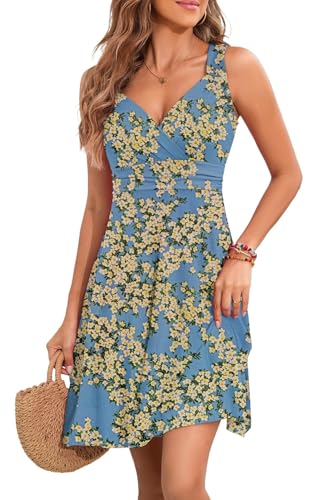 YUTILA Sommerkleid Damen V-Ausschnitt Ärmelloses Kleider Midi Blumenmuster Leicht Kleid Strandkleid von YUTILA
