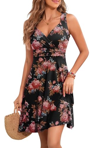 YUTILA Sommerkleid Damen V-Ausschnitt Ärmelloses Kleider Midi Blumenmuster Leicht Kleid Strandkleid von YUTILA