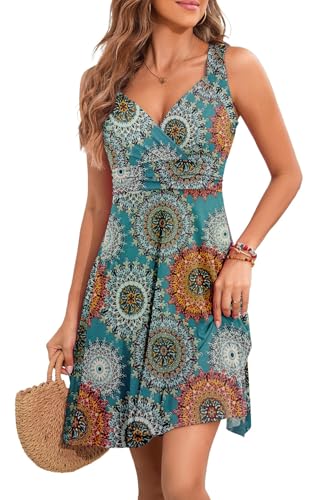 YUTILA Sommerkleid Damen V-Ausschnitt Ärmelloses Kleider Midi Blumenmuster Leicht Kleid Strandkleid von YUTILA