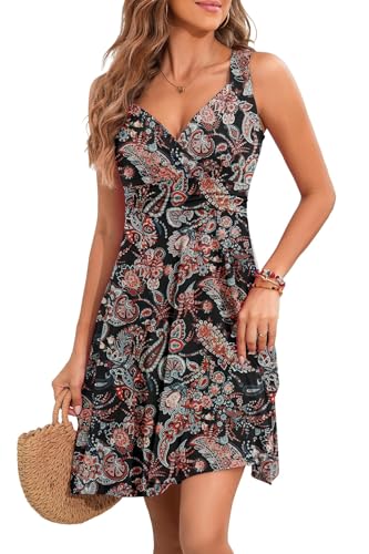 YUTILA Sommerkleid Damen V-Ausschnitt Ärmelloses Kleider Midi Blumenmuster Leicht Kleid Strandkleid von YUTILA