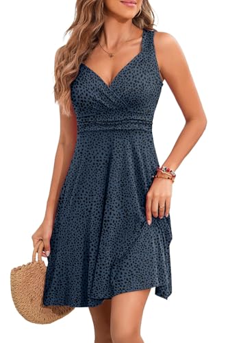 YUTILA Sommerkleid Damen V-Ausschnitt Ärmelloses Kleider Midi Blumenmuster Leicht Kleid Strandkleid von YUTILA