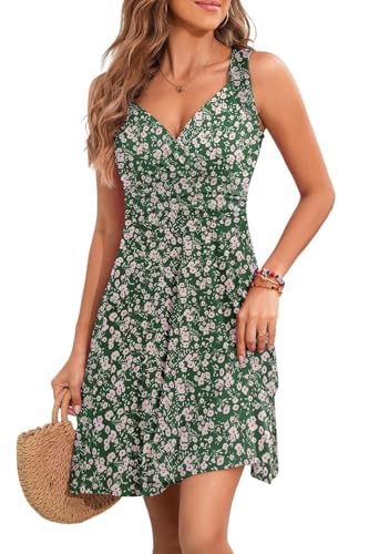 YUTILA Sommerkleid Damen V-Ausschnitt Ärmelloses Kleider Midi Blumenmuster Leicht Kleid Strandkleid von YUTILA