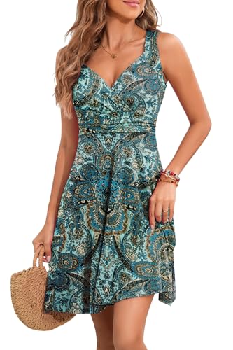 YUTILA Sommerkleid Damen V-Ausschnitt Ärmelloses Kleider Midi Blumenmuster Leicht Kleid Strandkleid von YUTILA
