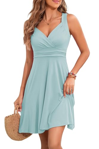 YUTILA Sommerkleid Damen V-Ausschnitt Ärmelloses Kleider Midi Blumenmuster Leicht Kleid Strandkleid von YUTILA