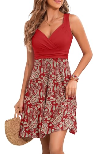 YUTILA Sommerkleid Damen V-Ausschnitt Ärmelloses Kleider Midi Blumenmuster Leicht Kleid Strandkleid von YUTILA