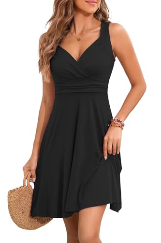 YUTILA Sommerkleid Damen V-Ausschnitt Ärmelloses Kleider Midi Blumenmuster Leicht Kleid Strandkleid von YUTILA