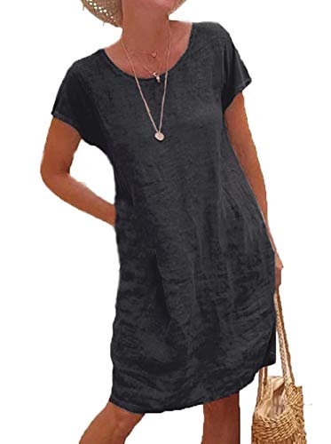 YUTILA Sommerkleid Leinen Kleider Damen Rundhals Kurzarm A-Linie Kleid Knielang Kleid von YUTILA