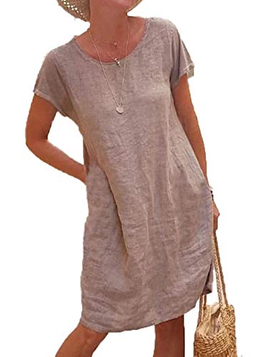 YUTILA Sommerkleid Leinen Kleider Damen Rundhals Kurzarm A-Linie Kleid Knielang Kleid von YUTILA