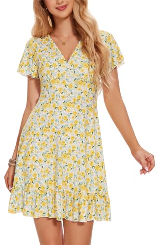 YUTILA Sommerkleider Damen Kurzarm V-Ausschnitt Kleid Blumenmuster Leicht Wickelkleid Freizeitkleider von YUTILA